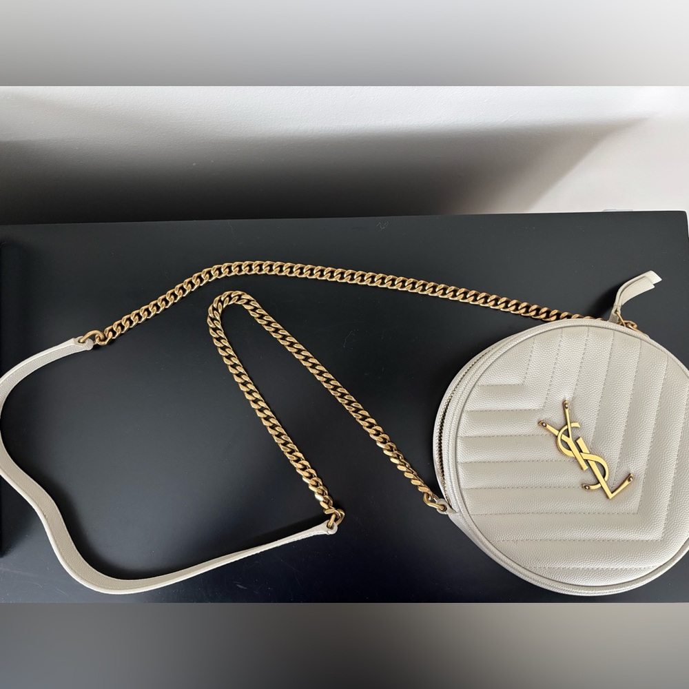 Yves Saint Laurent Taupe Quilted Round Crossbody with Gold Chain